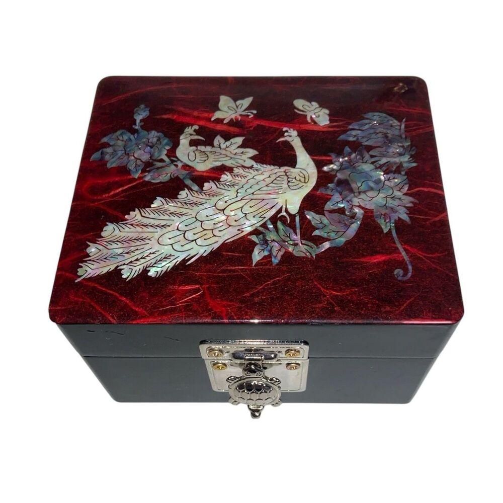 Lacquered Wood Box Abalone Peacock Inlay Turtle Clasp Red Lined Mirror